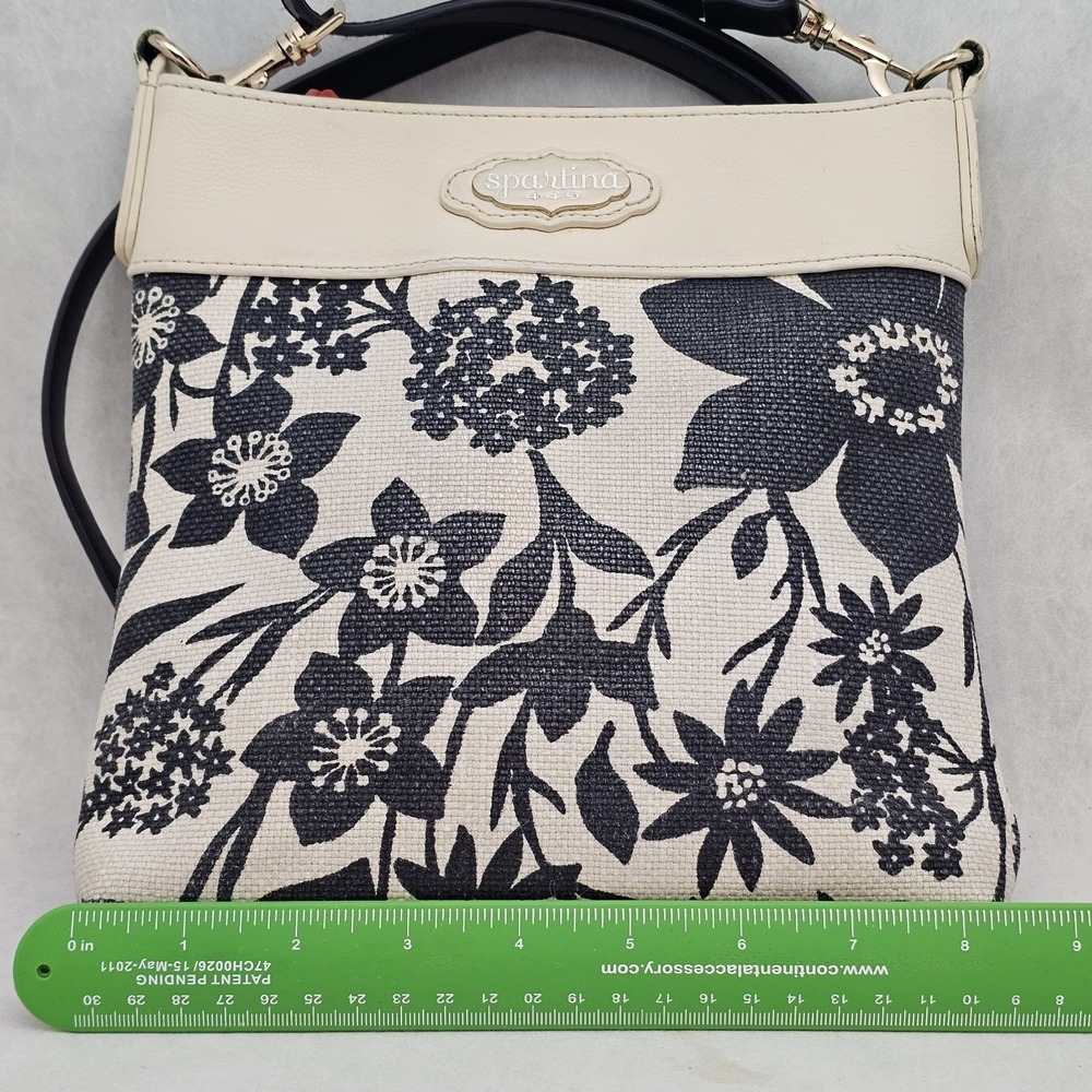 Spartina 449 Linen Floral Crossbody Bag Black White Cream Trim Turquoise Lining - Picture 7 of 12
